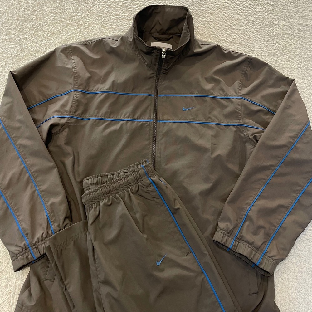 Nike Tracksuit Mens M Gray Blue Stripe Windbreaker Jacket Pant Set Y2K Baggy